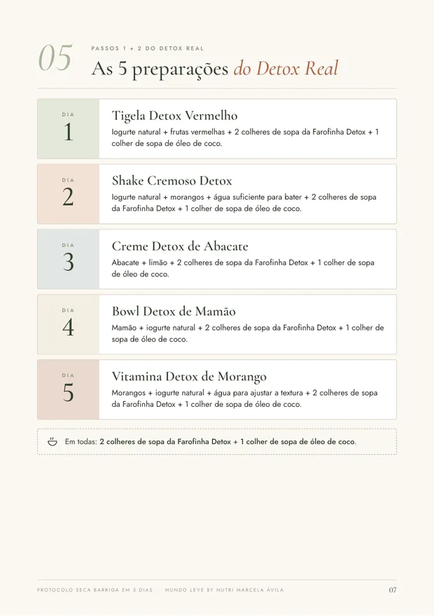 Página com as 5 preparações do Detox Real